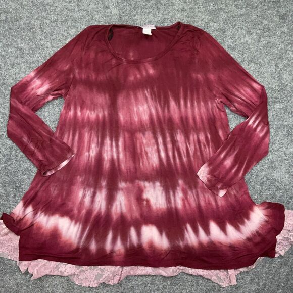 Janette Plus Blouse Womens 2XL Red Tie Dye Casual Tunic Lace Trim Flowy - Picture 1 of 7